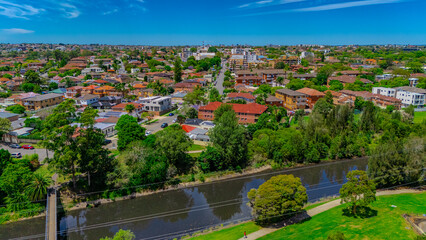 Panoramic aerial drone view of western Sydney Suburbs of Canterbury Burwood Ashfield Marrickville...