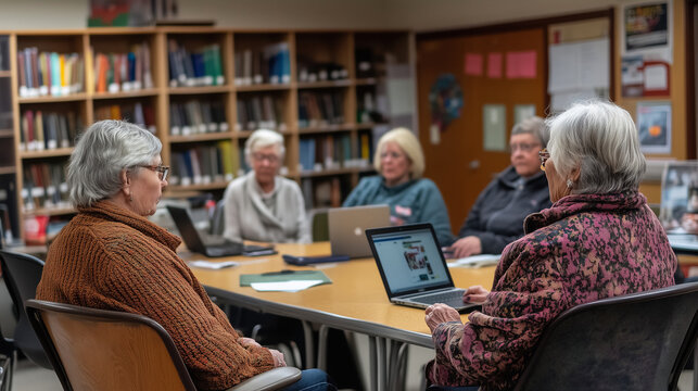 Group of seniors engaged in a computer class at a community center library during an afternoon meeting in autumn. Generative AI