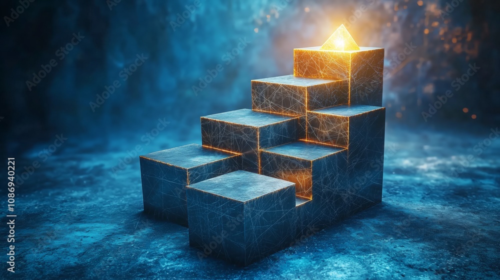 Aufkleber abstract representation of illuminated geometric steps with a glowing pyramid on top, showcasing mod