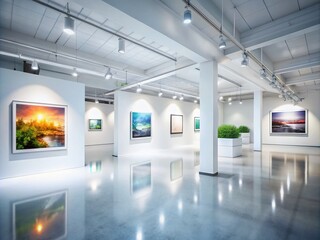 Obraz premium Bright and Minimalistic White Art Gallery Interior Featuring Mock-Up Posters for Displaying Contemporary Artwork in an Elegant Space, Perfect for Art Lovers and Exhibitors