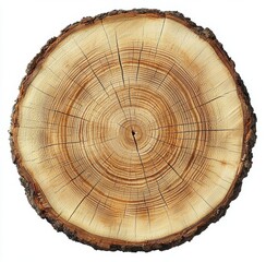Large circular piece of wood cross section with tree ring texture pattern and cracks. Detailed organic surface from nature. , isolated on white background,  , copy space for text,