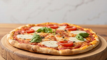 Freshly Baked Margherita Pizza on Rustic Wooden Board, Perfect for Italian Cuisine Enthusiasts