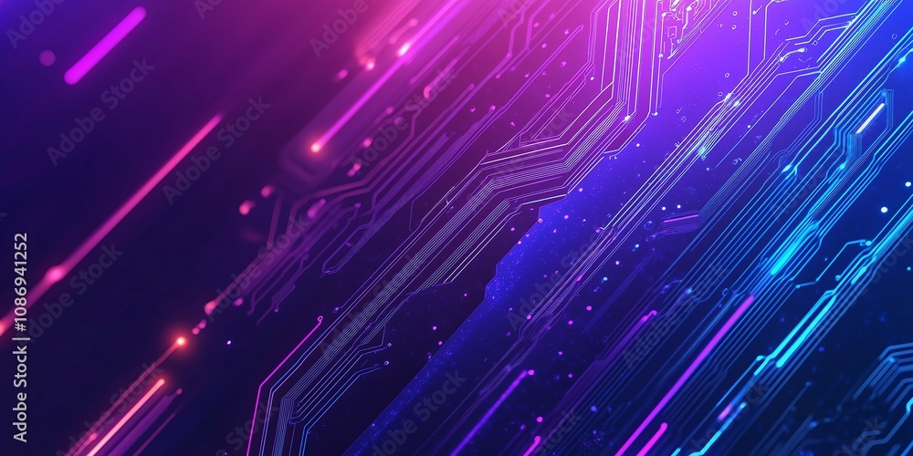 Poster ai semiconductor chip with neon effect on a tech circuit background, rendered in glowing lines with 