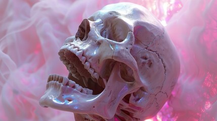 A human skull with an open jaw, set against a backdrop of pink and blue smoke.