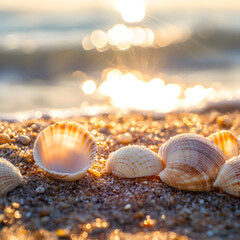 A serene beach scene featuring a line of seashells glistening in the sunlight, with gentle waves in the background.