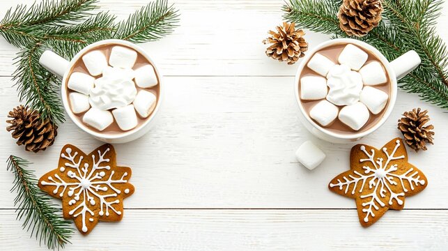 Cozy Winter Scene Featuring Two Cups of Hot Chocolate with Marshmallows Surrounded by Pine Branches and Gingerbread Cookies on a Rustic Wooden Background