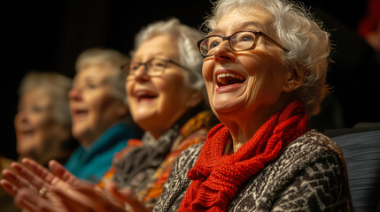 Senior women enjoying a live performance while laughing and applauding in a cozy theater setting during an evening event. Generative AI