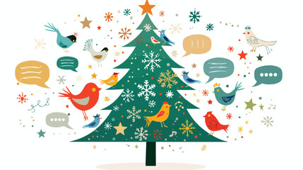 Christmas Tree with Birds and Speech Bubbles Vector Illustration