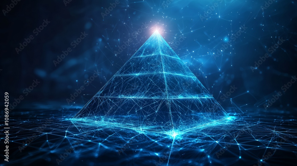 Poster futuristic digital pyramid structure surrounded by glowing data connections and light particles in a