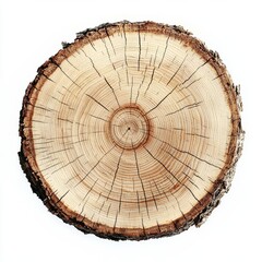 smooth cross section brown tree stump slice with age rings cut fresh from the forest with wood grain isolated on white , isolated on white background,  , copy space for text,