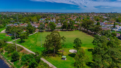 Panoramic aerial drone view of western Sydney Suburbs of Canterbury Burwood Ashfield Marrickville...