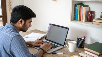Latin indian adult student typing working remotely online on training educational webinar chatting at home office using laptop computer looking at mockup empty screen. Over shoulder view.
