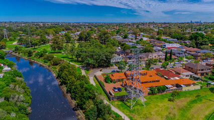 Panoramic aerial drone view of western Sydney Suburbs of Canterbury Burwood Ashfield Marrickville...