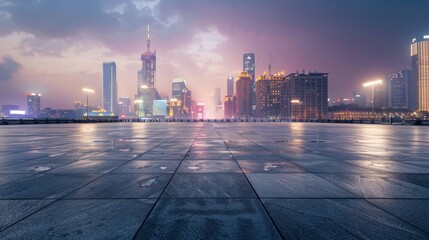 Obraz premium Empty square floor with city skyline background, Urban plaza ambiance with modern skyscrapers, evening glow