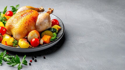 Roasted Chicken Dish with Assorted Fall Vegetables on Gray Background