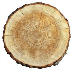 Large circular piece of wood cross section with tree ring texture pattern and cracks. Detailed organic surface from nature. , isolated on white background,  , copy space for text,