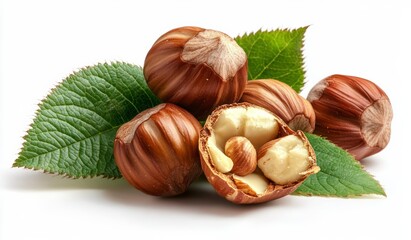 hazelnuts with leaves isolated on white background. macro , isolated on white background,  , copy space for text,