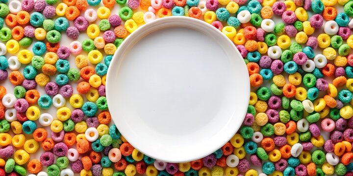 A colorful array of sweet breakfast cereal surrounds an empty white plate, ready for a delicious and vibrant meal.