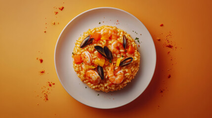 Delicious Spanish seafood risotto rice yummy carbohydrate tomato soy sauce meat veggies fresh orange background. food photography advertising fashion restaurant cuisine gourmet wallpaper