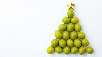 Green olives arranged in a Christmas tree shape on white background with copy space. For olive and gourmet food business. Minimalist design for greeting card, invitation, postcard, banner, poster