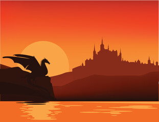 fantasy kingdom scene with sunset sky, lake shore, magic dragon and medieval castle silhouette - fairy tale vector copy space background