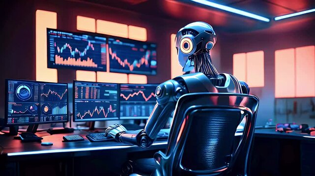 Robot using multiple screens analyzing data charts.