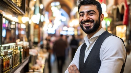 Obraz premium Smiling Man Posing in a Bustling Market Setting