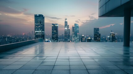 Empty square floor with city skyline background, Metropolitan square surrounded by towering buildings, dusk atmosphere