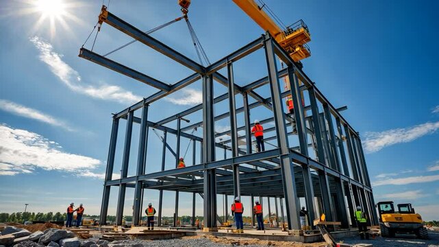 Video footage of construction site showcasing the framework of a large building being assembled by a crane and construction workers
