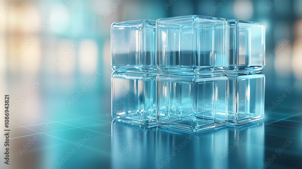 Poster transparent glass cubes arranged in a modern artistic pattern with soft blue background and subtle l