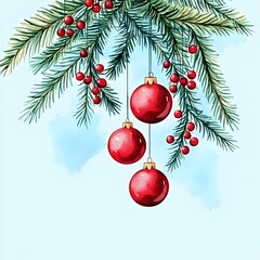 Fototapeta premium Beautiful Christmas Decoration with Red Baubles and Mistletoe Hanging on Pine Branches, Perfect for Holiday Festivities and Seasonal Celebrations