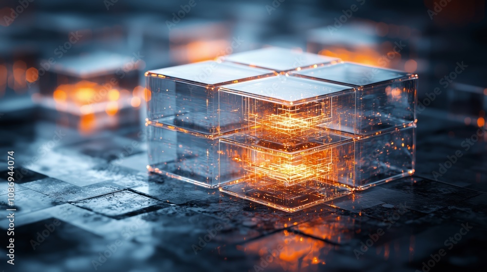 Poster abstract digital composition featuring transparent cubes with illuminating lines, representing innov