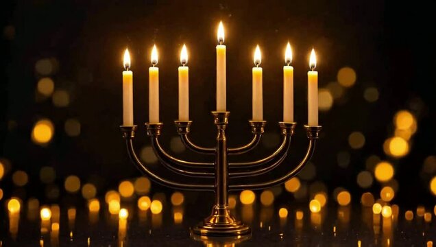 Menorah or hanukkiah with nine burning candles on dark background with bokeh lights. Symbol of jewish holiday Hanukkah. Motion animation