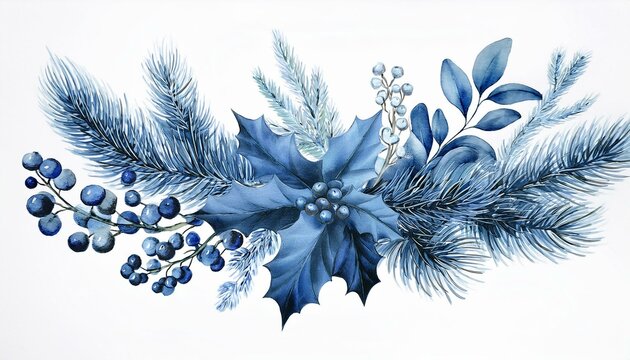 Watercolor Christmas arangement of spruce and holly berries in monochrome blue