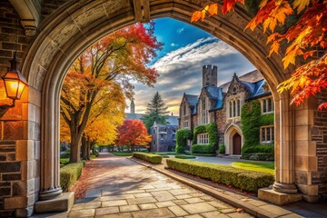 Obraz premium Captivating Autumn Campus Pathway Through Historic Gothic Arches Surrounded by Lush Greenery