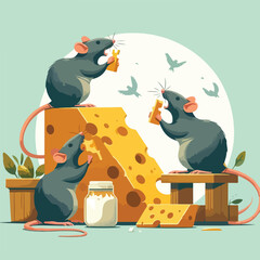 vector image of a cute mouse eating cheese