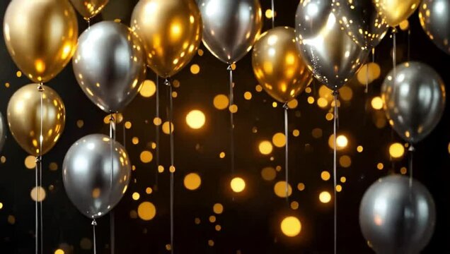 Composition of gold and silver balloons with lights. Holiday, birthday or New Year concept. Party decoration. Motion animation