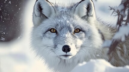 Obraz premium Close-up portrait of a magnificent Arctic fox with amber eyes amidst a snowy landscape.