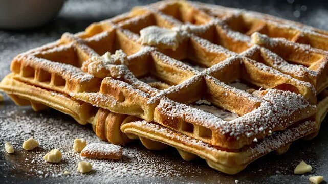 Video footage of golden brown waffle, dusted with powdered sugar and topped with a pat of butter, ready to be devoured