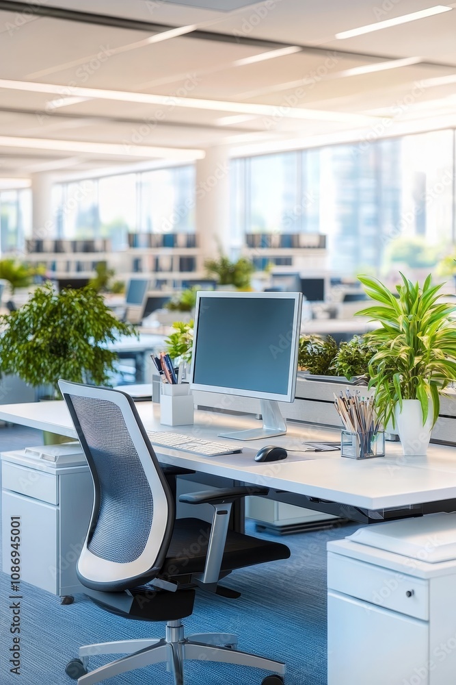 Poster modern open office space with natural light and greenery., empty desks and comfortable chairs.