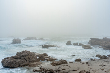 Sea fog (mist) along the West Coast shoreline near Lamberts Bay, Western Cape, South Africa.