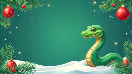 christmas background with green snake and christmas decorations