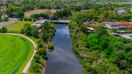 Panoramic aerial drone view of western Sydney Suburbs of Canterbury Burwood Ashfield Marrickville Campsie with Houses roads and parks in Sydney New South Wales NSW Australia
