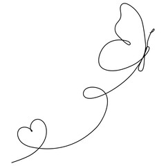 Butterfly with heart shape continuous line drawn. Vector illustration isolated on white.