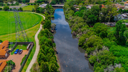 Panoramic aerial drone view of western Sydney Suburbs of Canterbury Burwood Ashfield Marrickville...