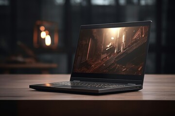 The Sleek Black Laptop Computer Rests Prominently on the Opulent Brown Surface of the Wooden Table