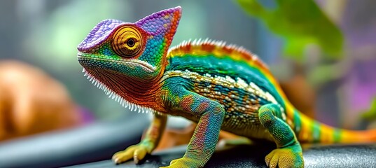 Fototapeta premium Vibrant Colored Chameleon Reptile Posing on a Branch with a Blurred Background, Close Up Photography