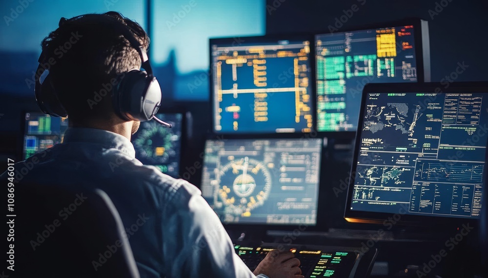 Poster focused air traffic controller monitoring flight data on multiple screens in dark control room