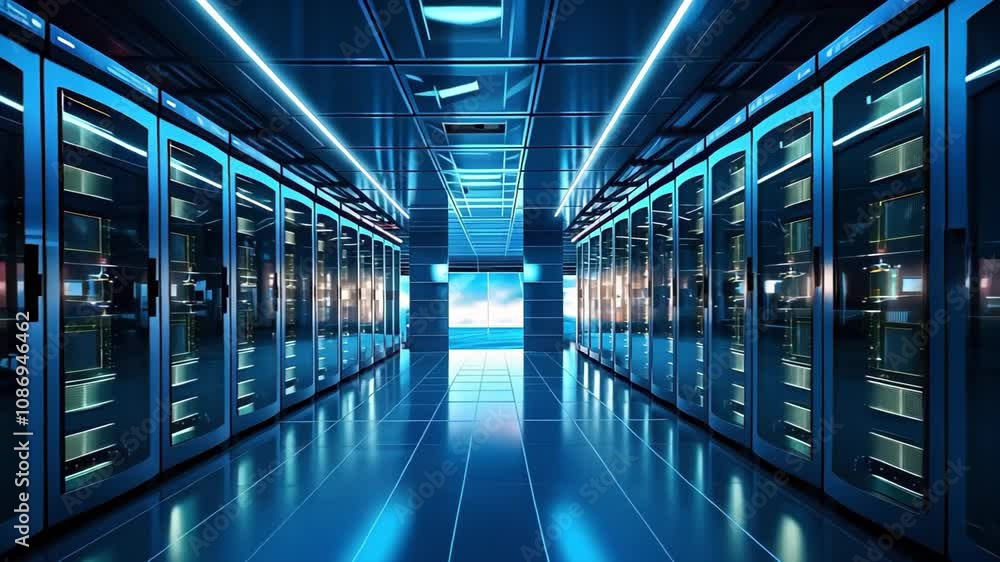 Poster a modern data center featuring rows of server racks with blue led lighting and a futuristic design.