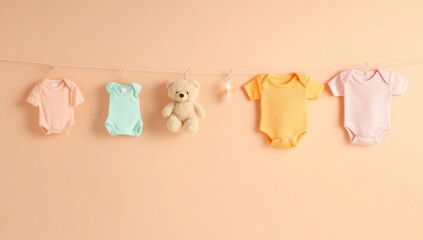 Baby Clothes and Teddy Bear on a Pastel Background